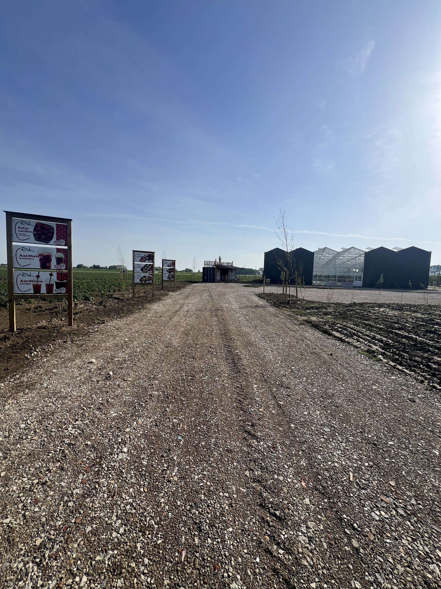 Nieuw gerealiseerde aardbeien drive met op de achtergrond de nieuwe kas