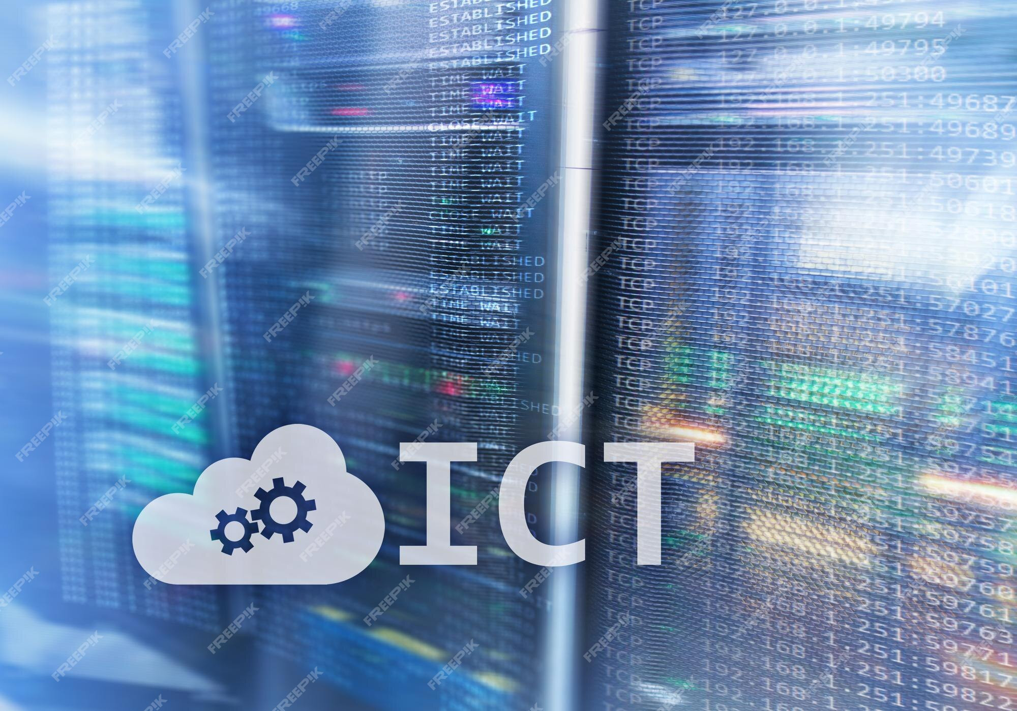 Wolk met het woord ICT. Op de achtergrond serverracken