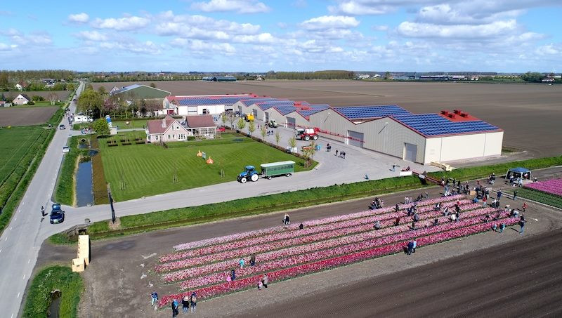 Luchtfoto van het bedrijfspand van VOF Dogterom. In de voorgrond een pluktuin tijdens het evenement